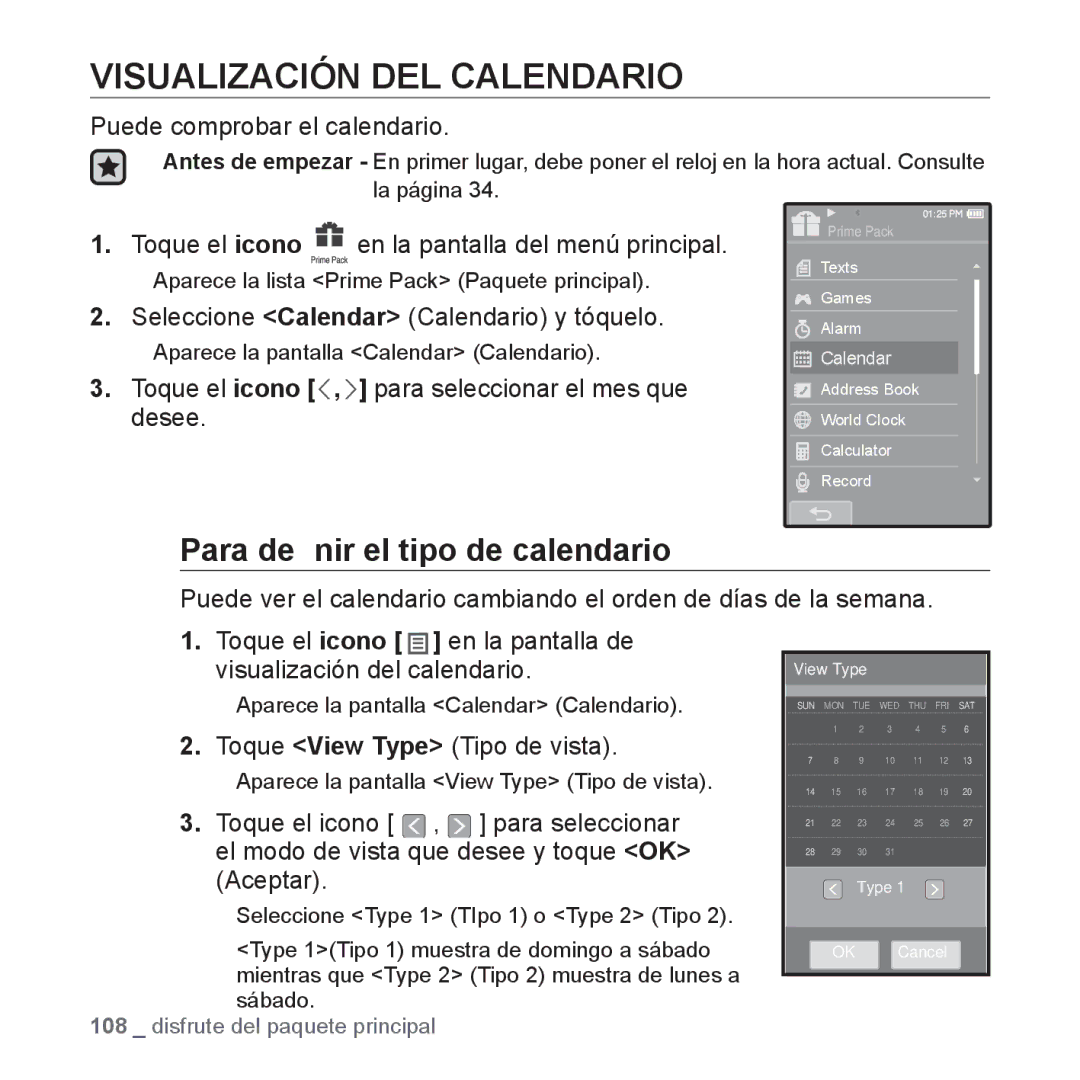 Samsung YP-P2AB/MEA manual Visualización DEL Calendario, Para deﬁnir el tipo de calendario 