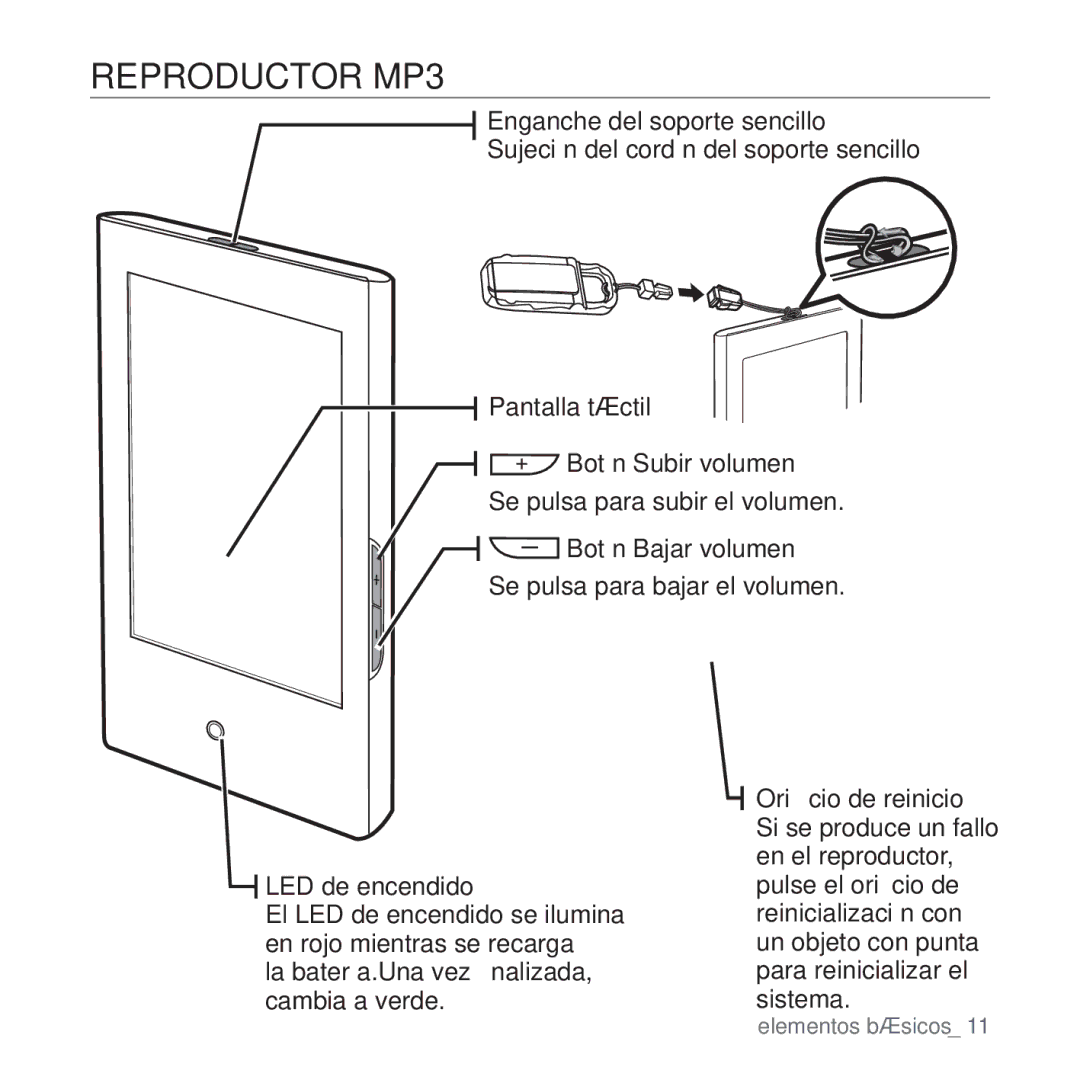 Samsung YP-P2AB/MEA Reproductor MP3, Enganche del soporte sencillo, Pantalla táctil Botón Subir volumen, LED de encendido 