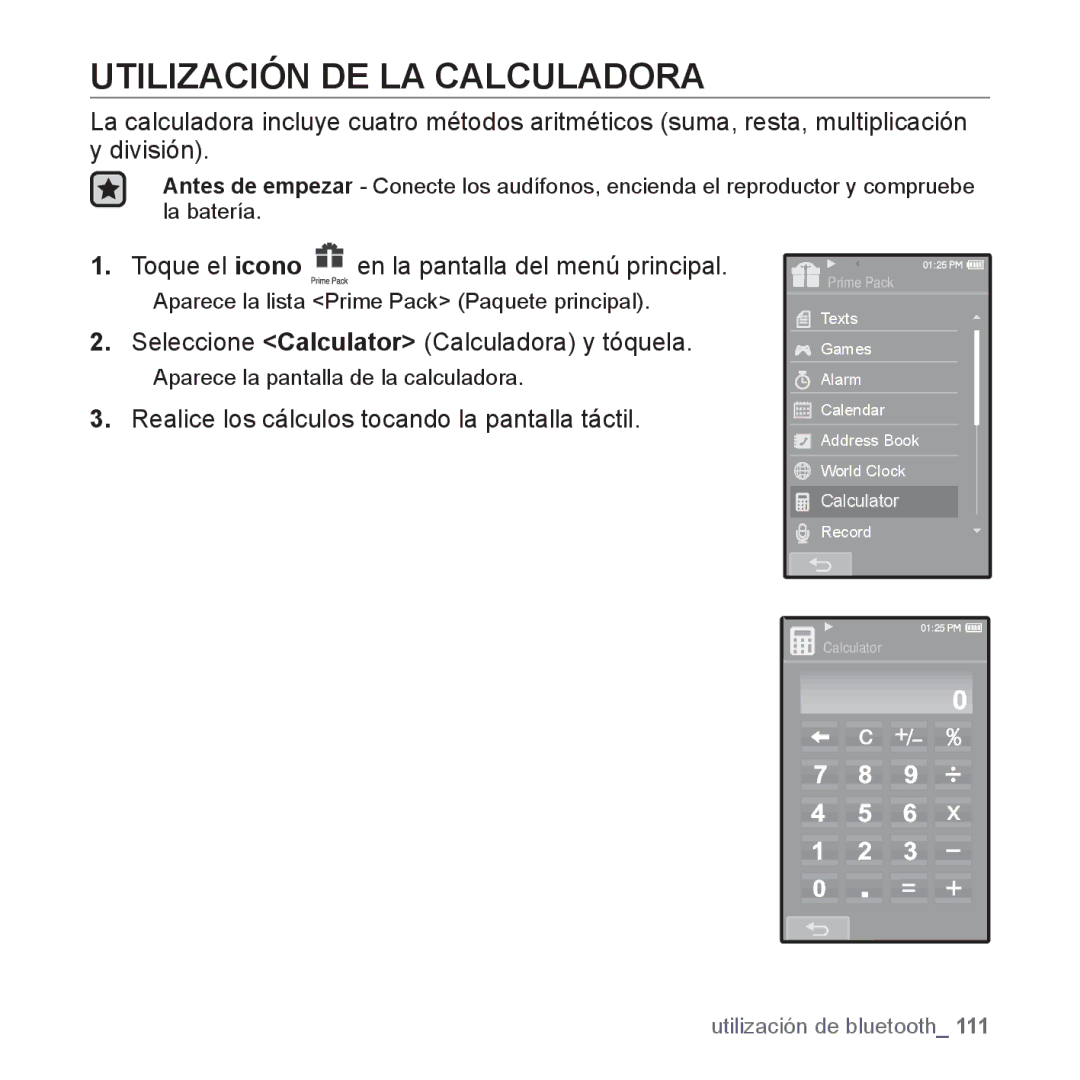 Samsung YP-P2AB/MEA manual Utilización DE LA Calculadora, Seleccione Calculator Calculadora y tóquela 