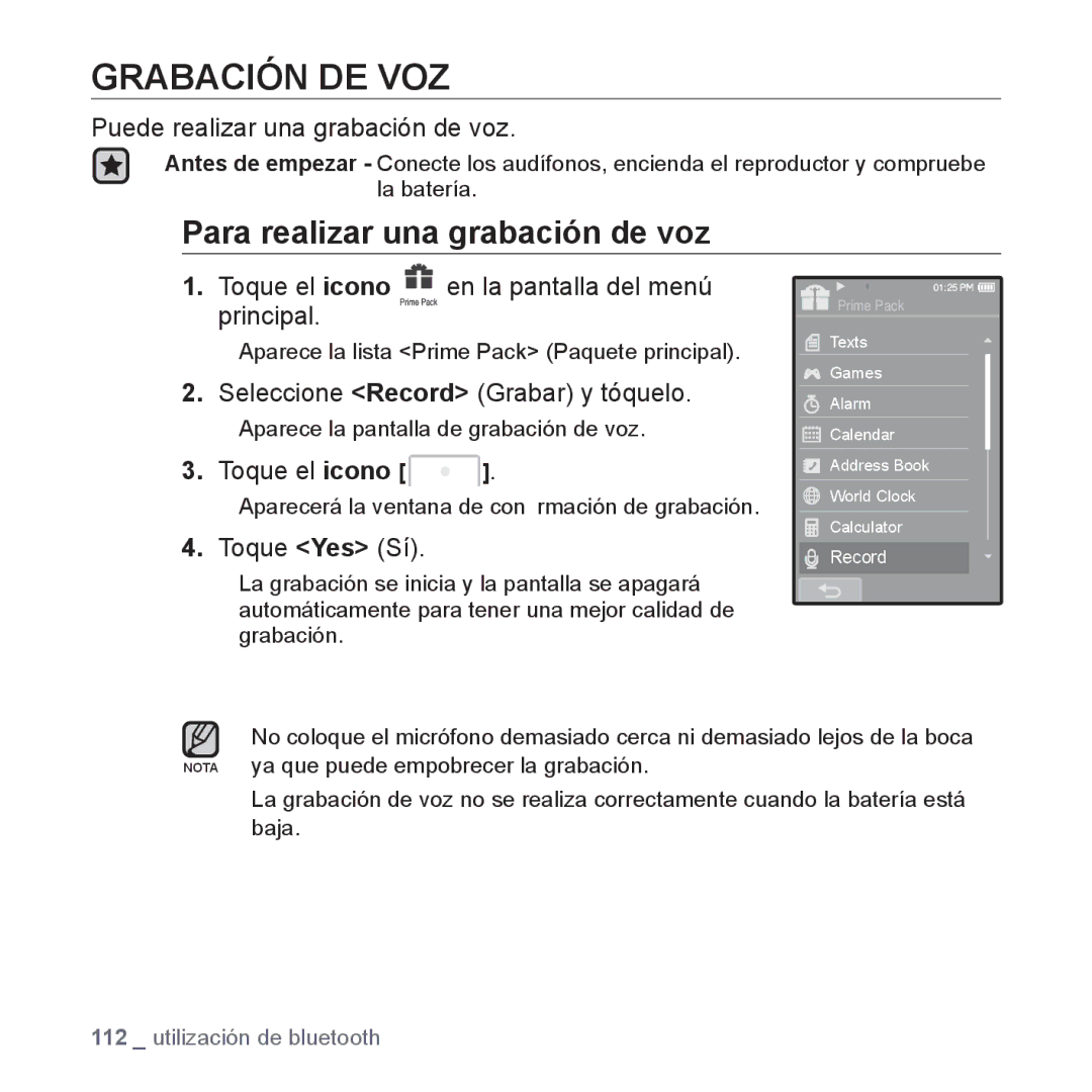 Samsung YP-P2AB/MEA manual Grabación DE VOZ, Para realizar una grabación de voz, Puede realizar una grabación de voz 