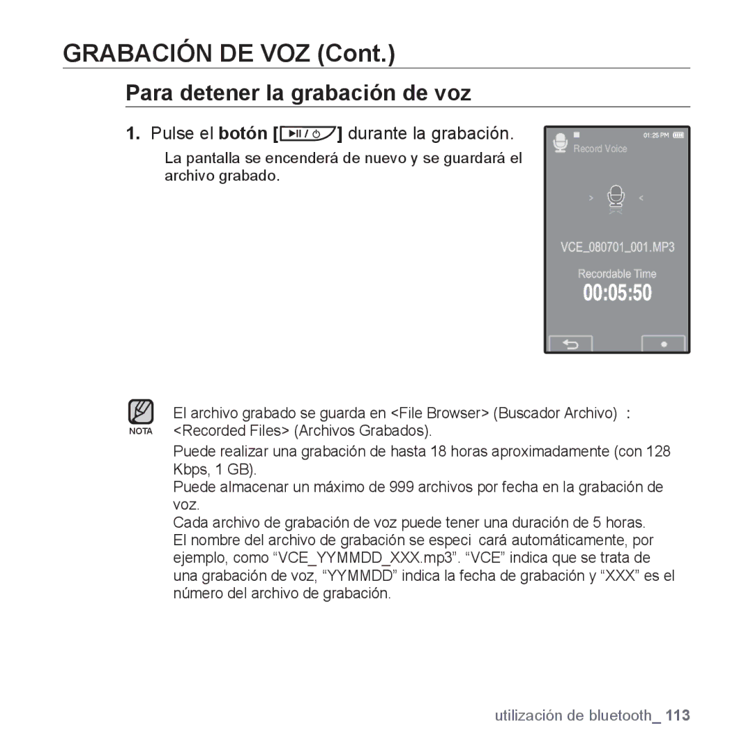 Samsung YP-P2AB/MEA manual Grabación DE VOZ, Para detener la grabación de voz, Pulse el botón 