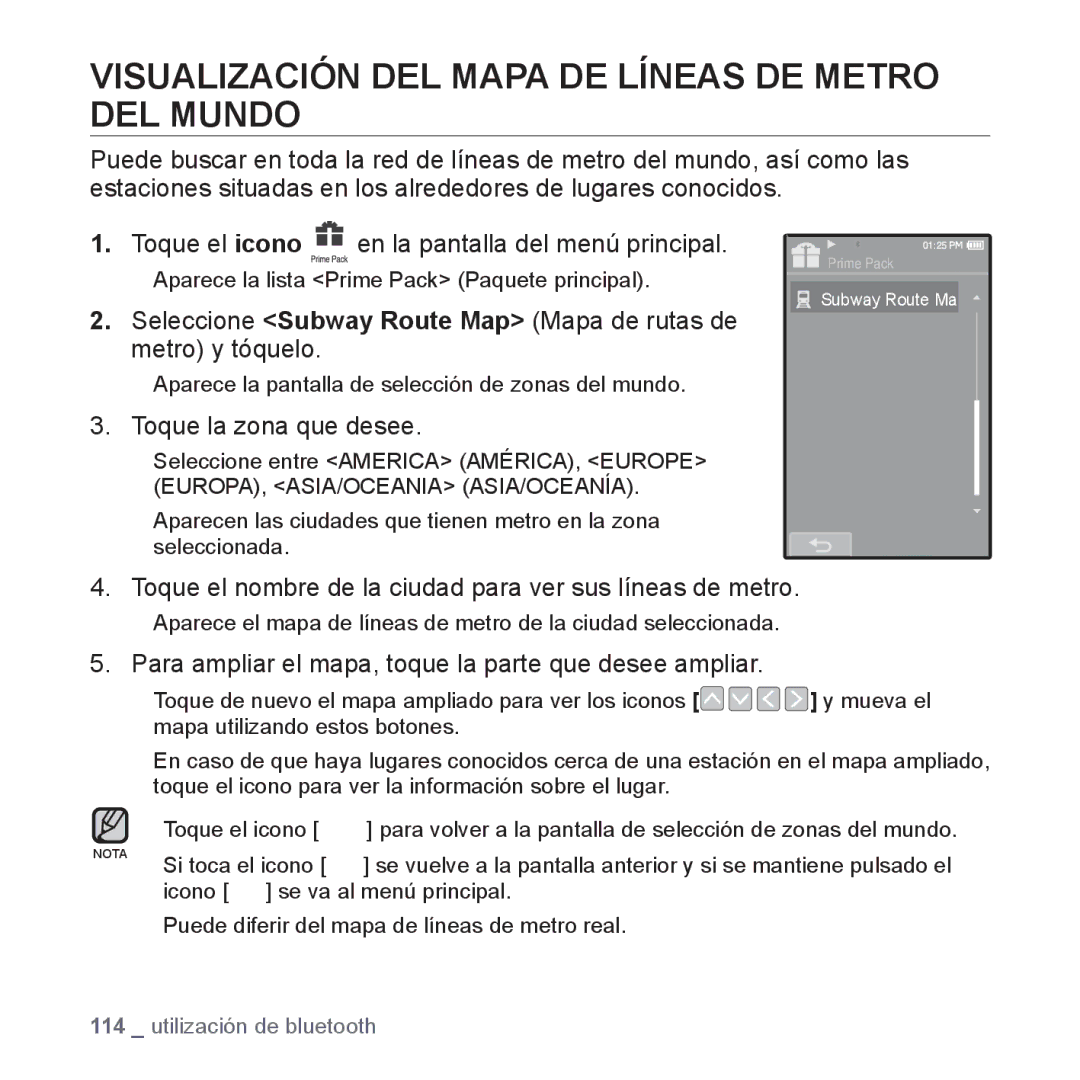 Samsung YP-P2AB/MEA manual Visualización DEL Mapa DE Líneas DE Metro DEL Mundo, Toque la zona que desee 