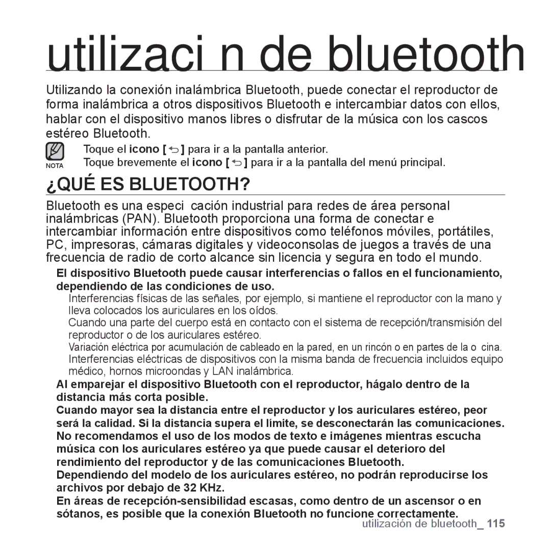 Samsung YP-P2AB/MEA manual Utilización de bluetooth, ¿Qué Es Bluetooth? 