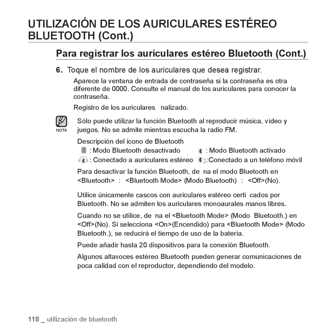 Samsung YP-P2AB/MEA manual Utilización DE LOS Auriculares Estéreo Bluetooth 