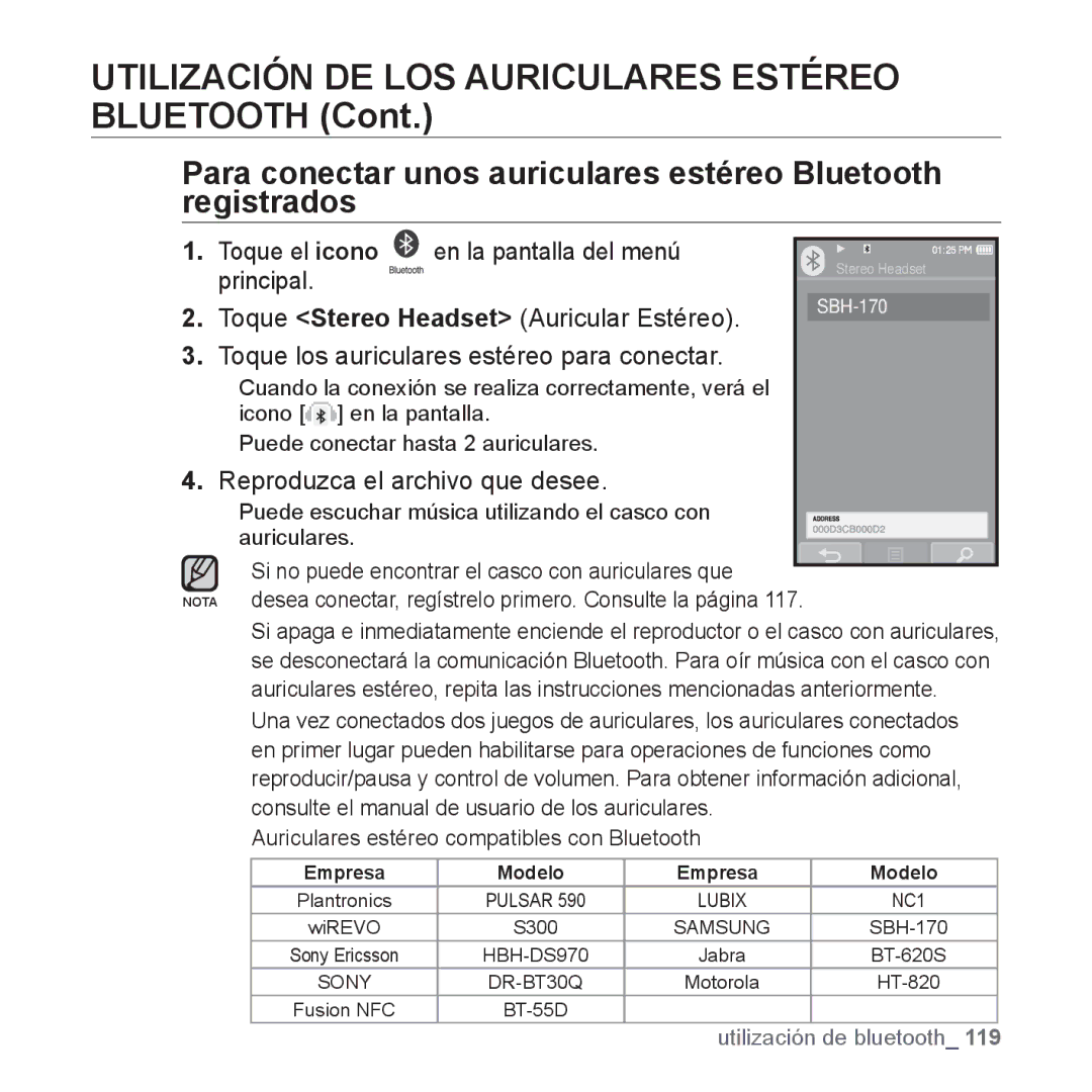 Samsung YP-P2AB/MEA manual Toque Stereo Headset Auricular Estéreo, Toque los auriculares estéreo para conectar 