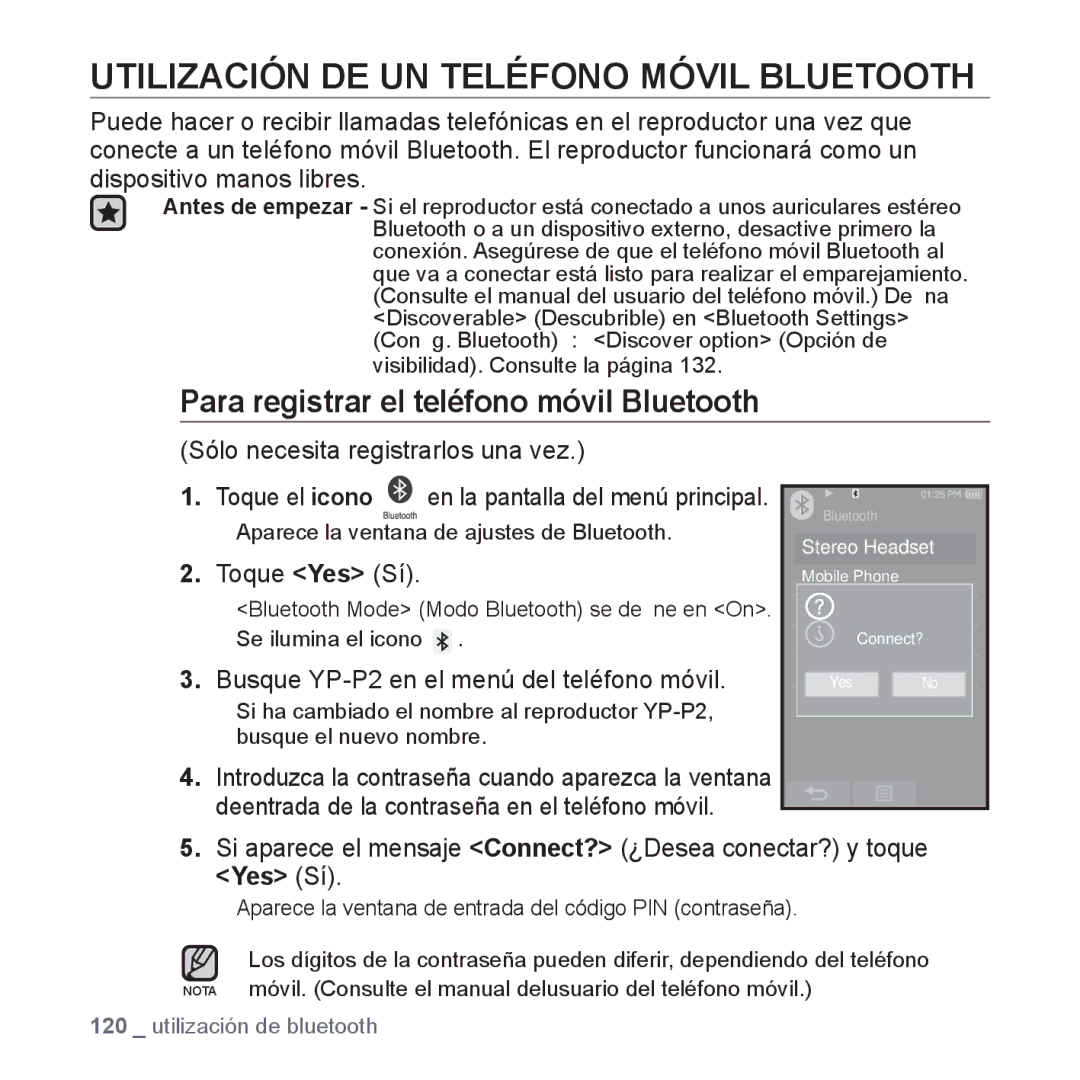 Samsung YP-P2AB/MEA manual Utilización DE UN Teléfono Móvil Bluetooth, Para registrar el teléfono móvil Bluetooth 