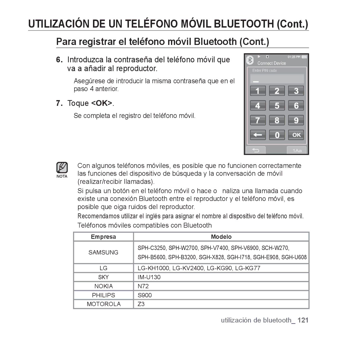 Samsung YP-P2AB/MEA manual Utilización DE UN Teléfono Móvil Bluetooth, Toque OK 