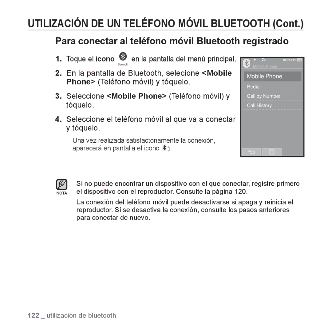 Samsung YP-P2AB/MEA manual Para conectar al teléfono móvil Bluetooth registrado 