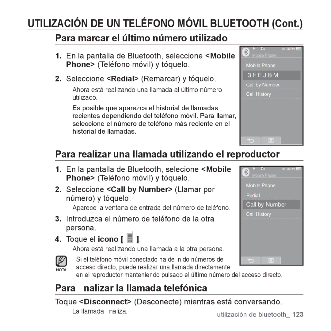 Samsung YP-P2AB/MEA manual Para marcar el último número utilizado, Para realizar una llamada utilizando el reproductor 