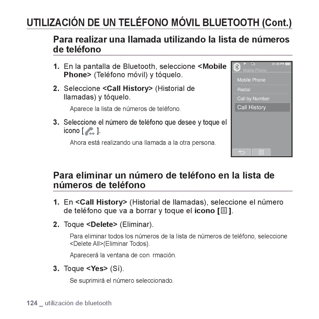 Samsung YP-P2AB/MEA manual ƒ Aparece la lista de números de teléfono 