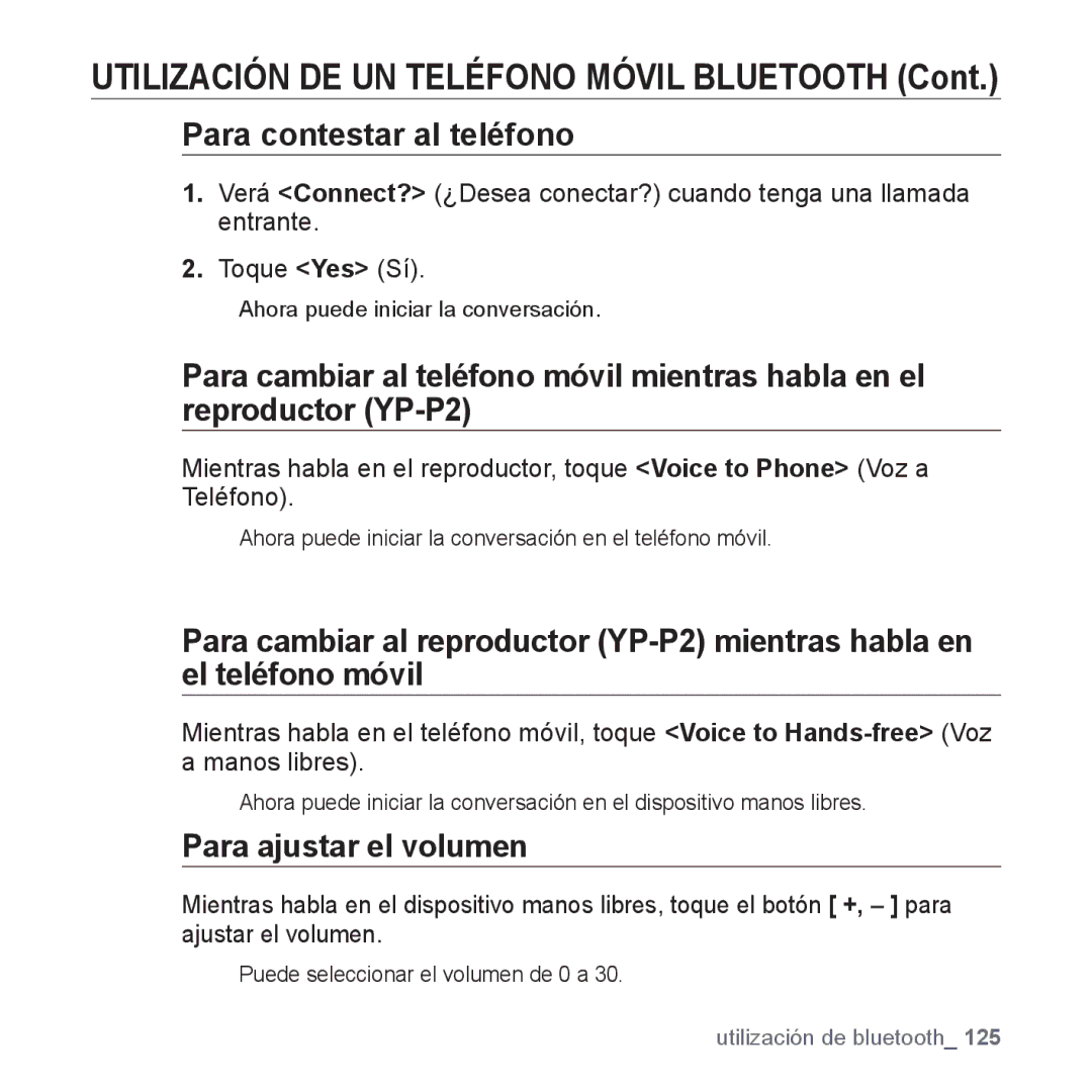 Samsung YP-P2AB/MEA manual Para contestar al teléfono, Para ajustar el volumen 