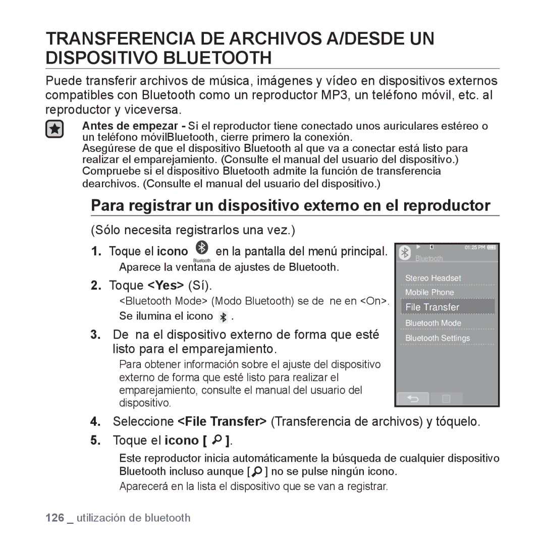 Samsung YP-P2AB/MEA manual Transferencia DE Archivos A/DESDE UN Dispositivo Bluetooth 