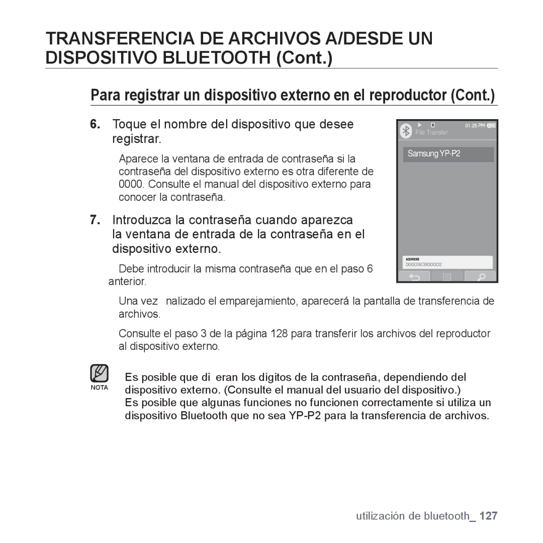 Samsung YP-P2AB/MEA manual Transferencia DE Archivos A/DESDE UN Dispositivo Bluetooth 