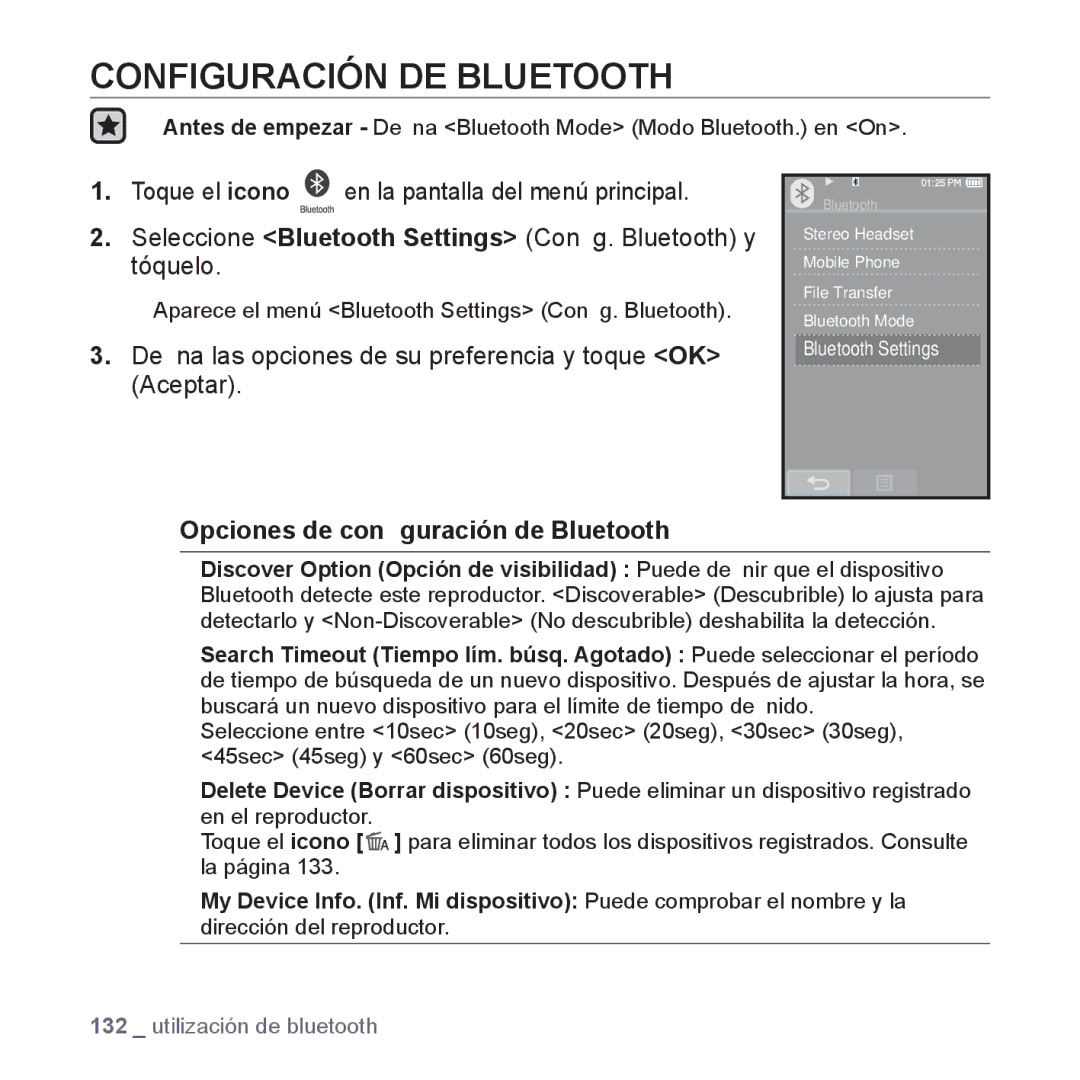 Samsung YP-P2AB/MEA manual Configuración DE Bluetooth, Opciones de conﬁguración de Bluetooth 