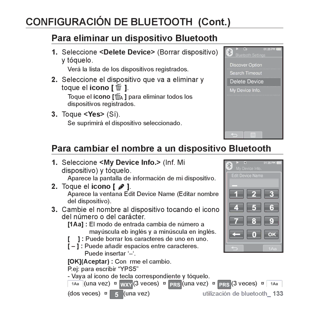 Samsung YP-P2AB/MEA manual Configuración DE Bluetooth, Para eliminar un dispositivo Bluetooth 