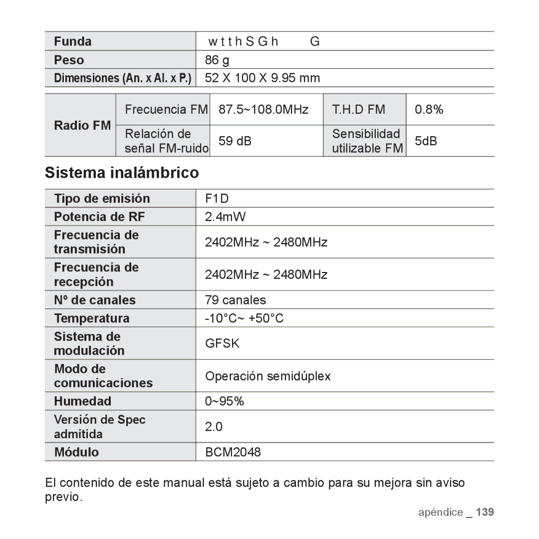 Samsung YP-P2AB/MEA manual Sistema inalámbrico 