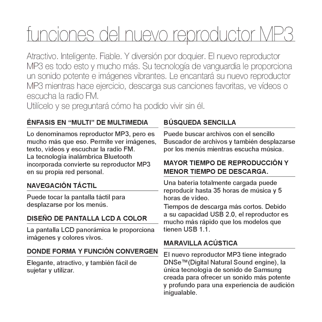 Samsung YP-P2AB/MEA manual Funciones del nuevo reproductor MP3 