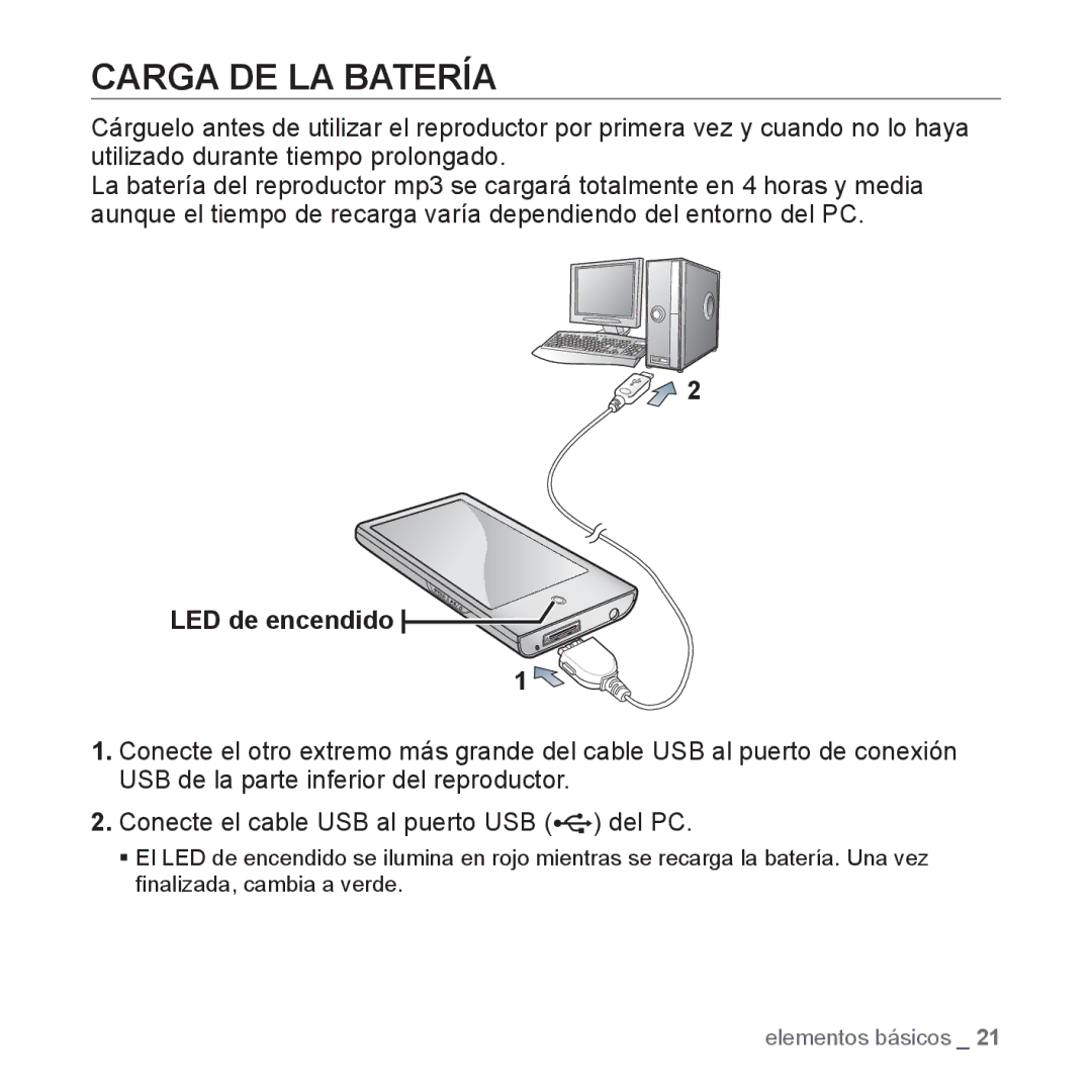 Samsung YP-P2AB/MEA manual Carga DE LA Batería, LED de encendido 