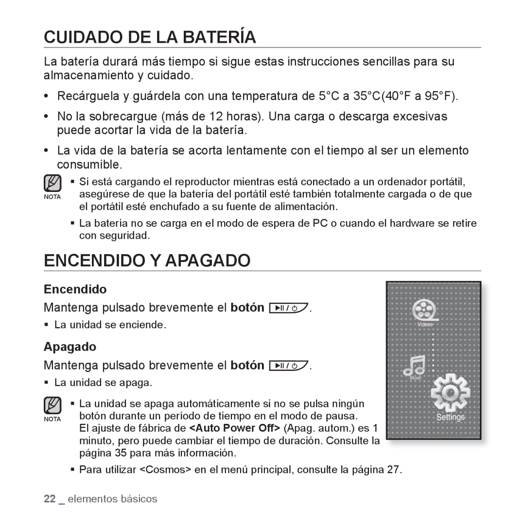 Samsung YP-P2AB/MEA manual Cuidado DE LA Batería, Encendido Y Apagado, Mantenga pulsado brevemente el botón 