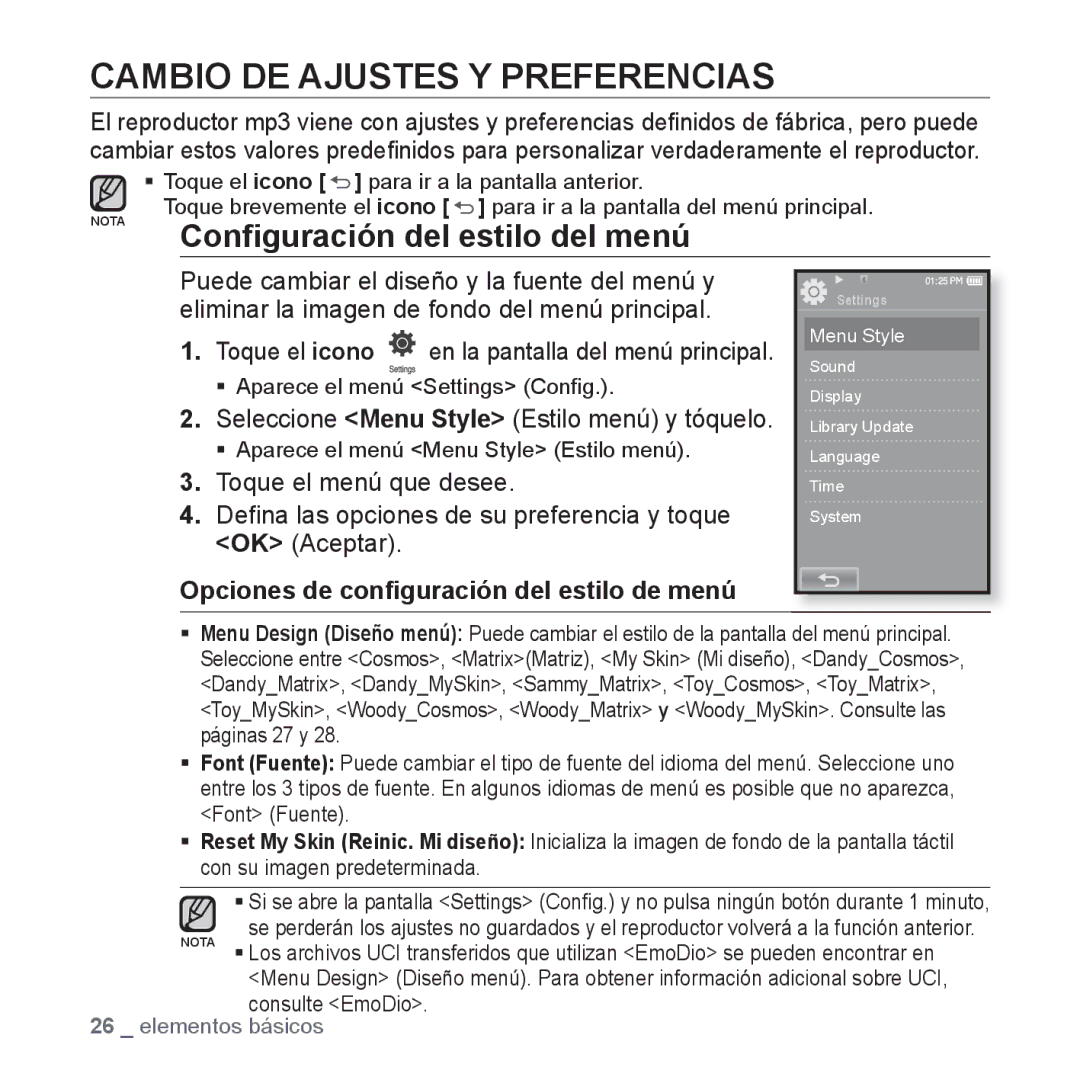 Samsung YP-P2AB/MEA manual Cambio DE Ajustes Y Preferencias, Conﬁguración del estilo del menú 