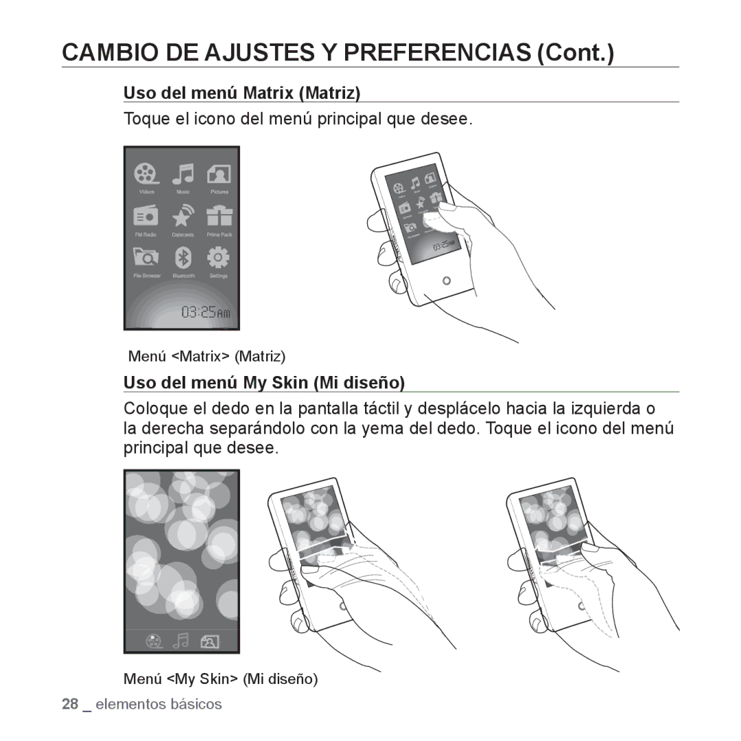 Samsung YP-P2AB/MEA manual Uso del menú Matrix Matriz, Uso del menú My Skin Mi diseño 