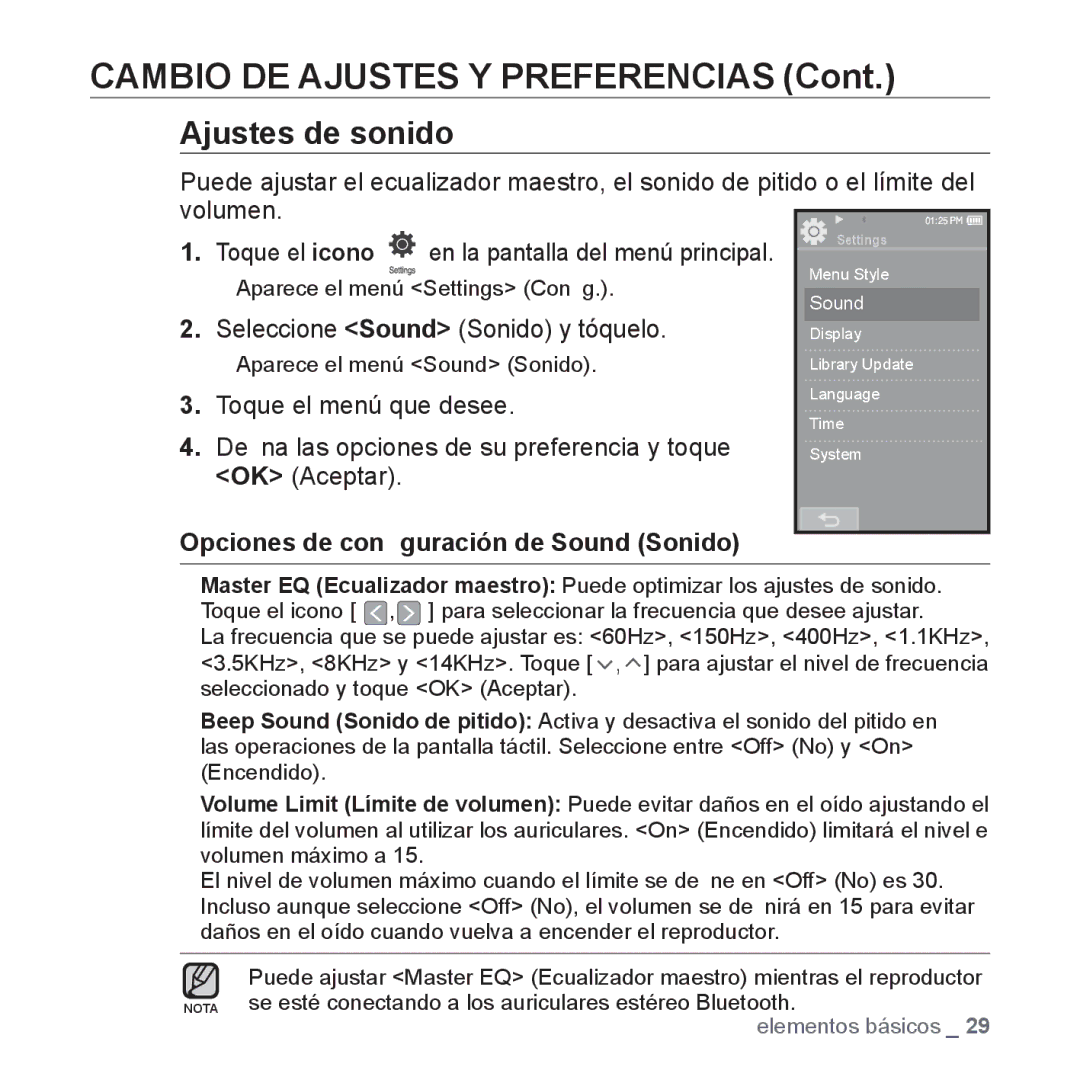 Samsung YP-P2AB/MEA manual Ajustes de sonido, Opciones de conﬁguración de Sound Sonido 