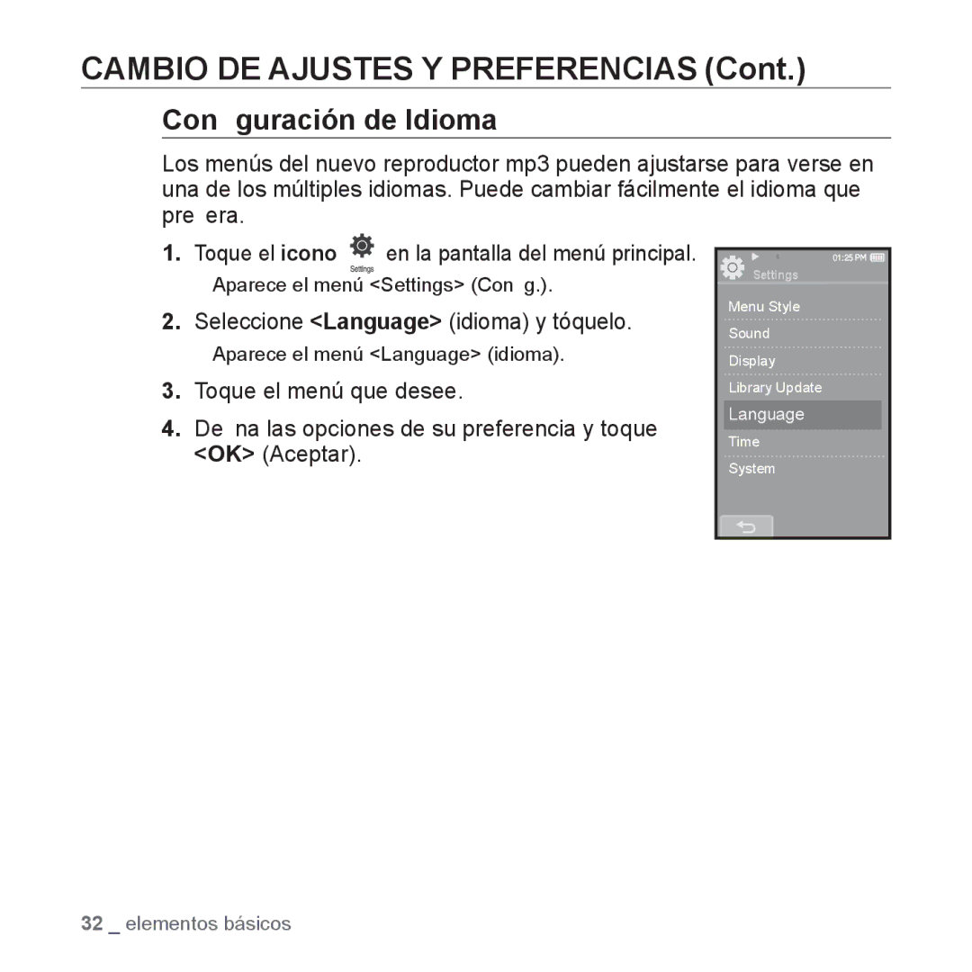 Samsung YP-P2AB/MEA manual Conﬁguración de Idioma, Seleccione Language idioma y tóquelo 