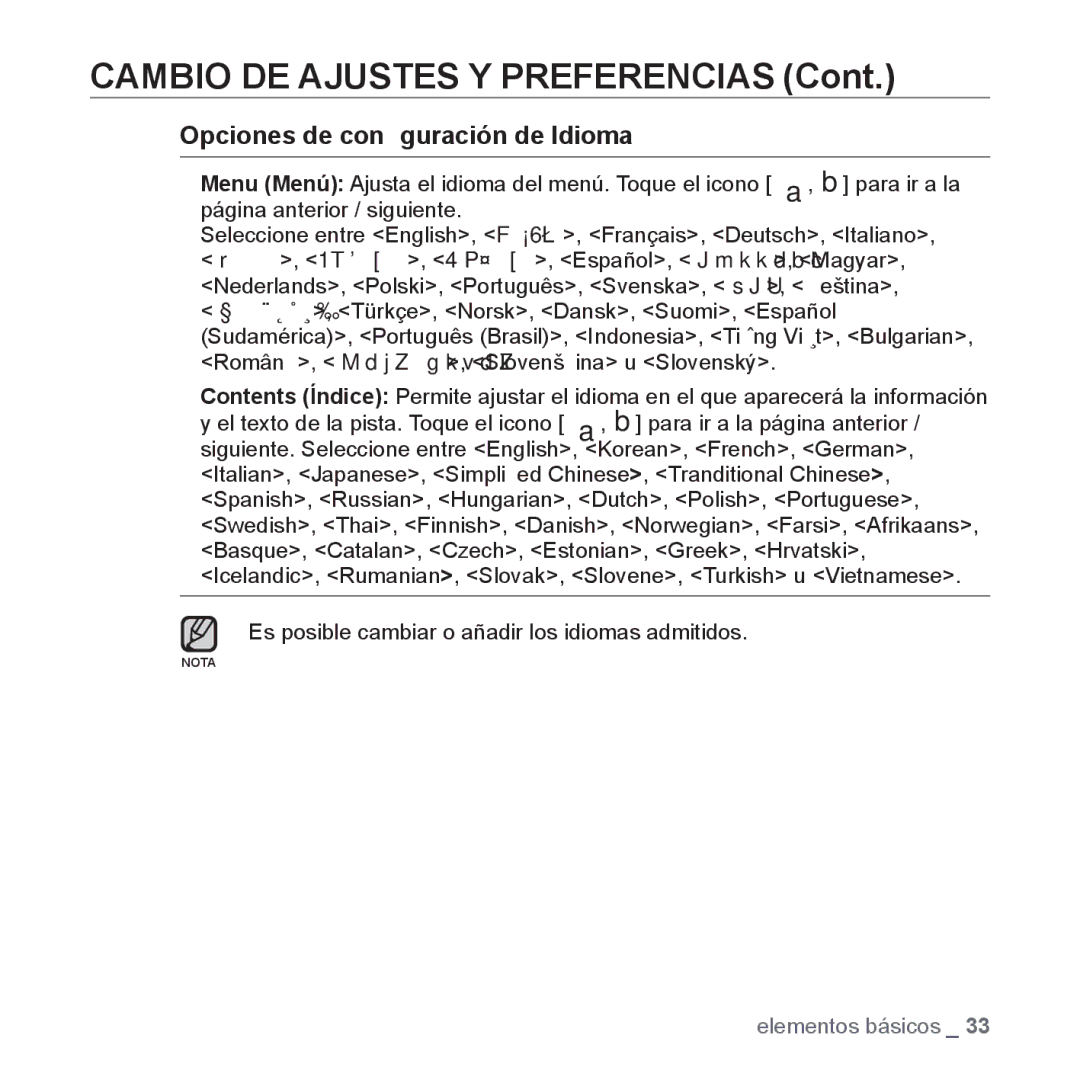 Samsung YP-P2AB/MEA manual Opciones de conﬁguración de Idioma 