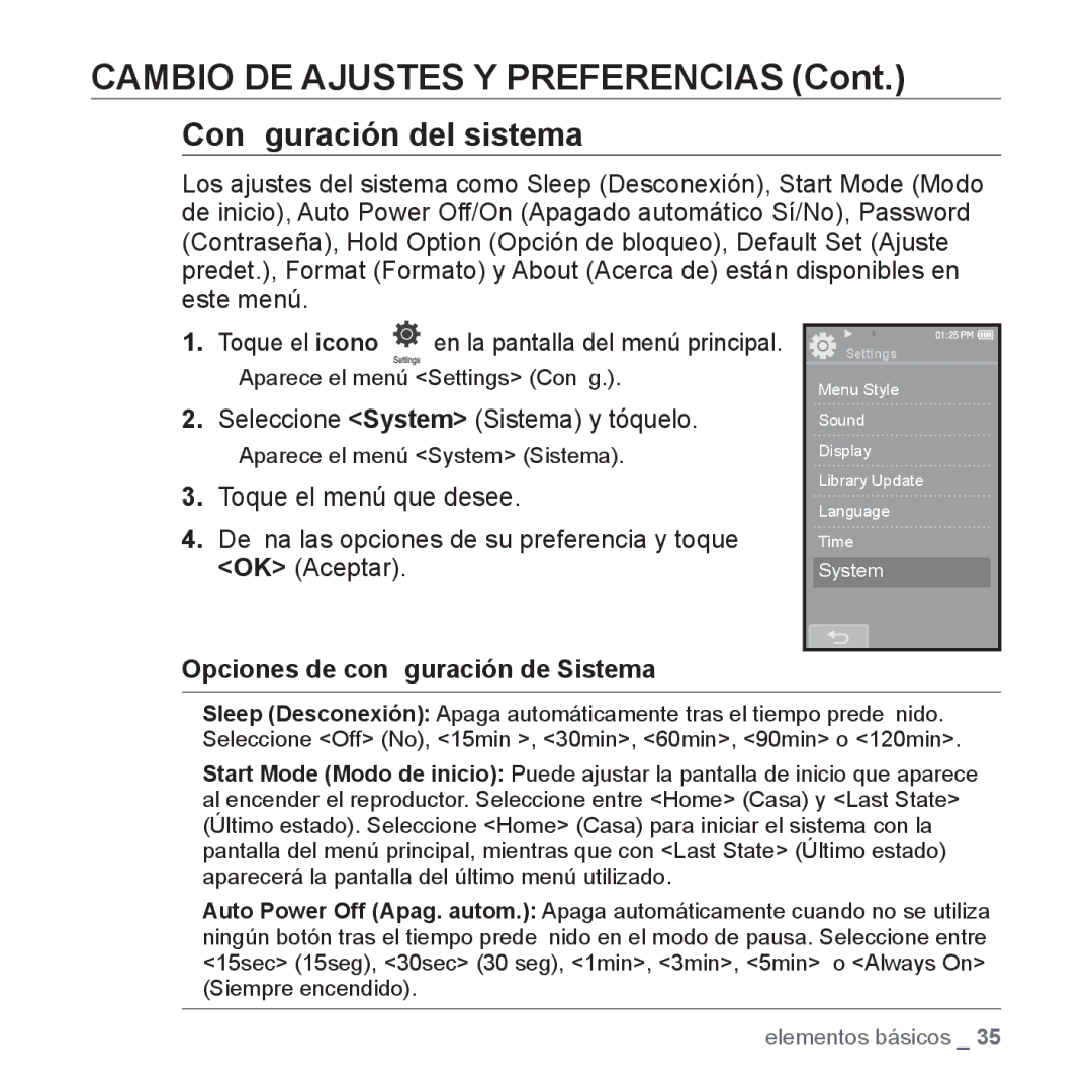 Samsung YP-P2AB/MEA Conﬁguración del sistema, Seleccione System Sistema y tóquelo, Opciones de conﬁguración de Sistema 