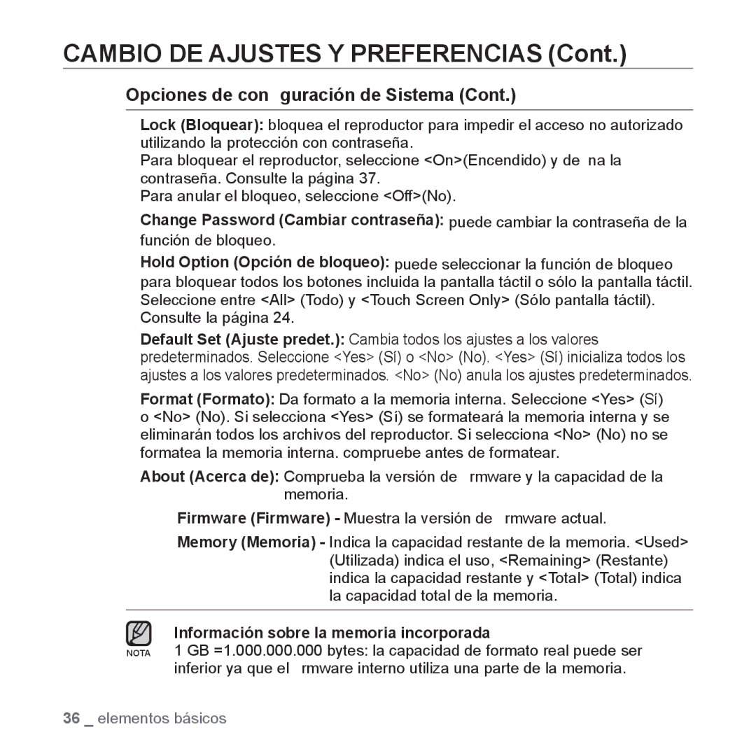 Samsung YP-P2AB/MEA manual ƒ Información sobre la memoria incorporada 