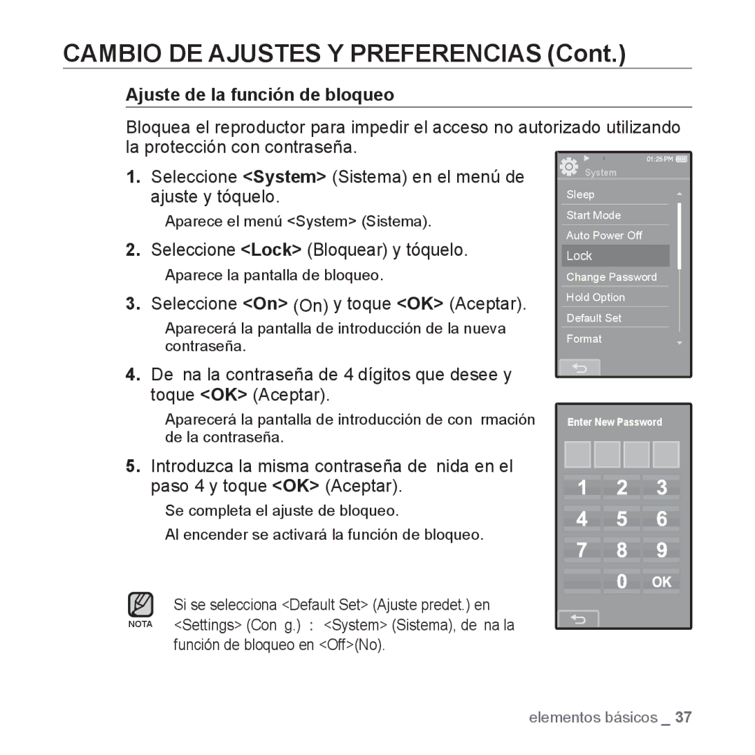 Samsung YP-P2AB/MEA manual Ajuste de la función de bloqueo, Seleccione Lock Bloquear y tóquelo 