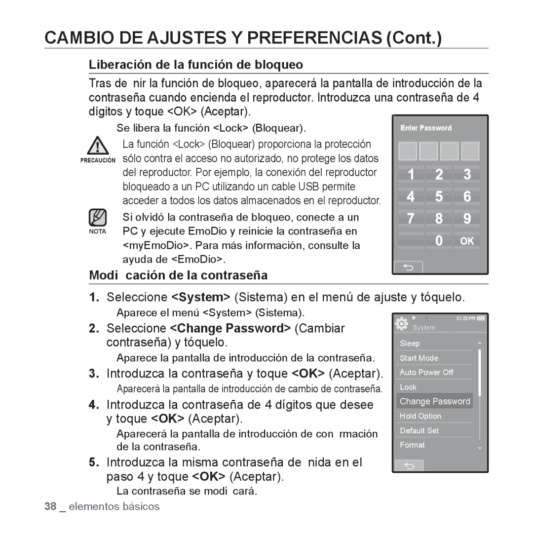 Samsung YP-P2AB/MEA manual Liberación de la función de bloqueo, Modiﬁcación de la contraseña 