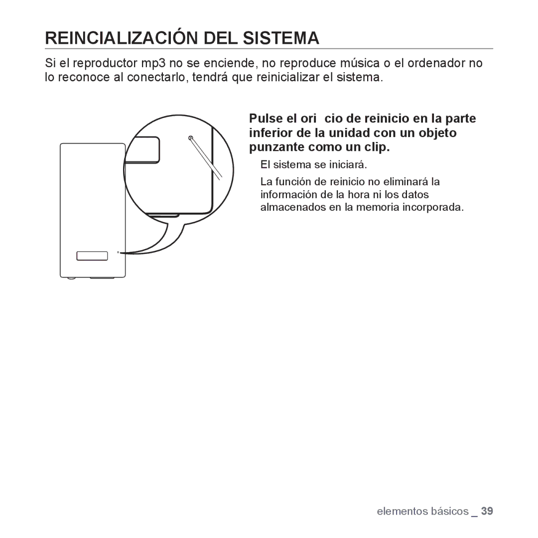 Samsung YP-P2AB/MEA manual Reincialización DEL Sistema 