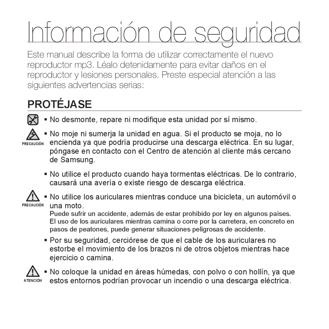 Samsung YP-P2AB/MEA manual Protéjase 