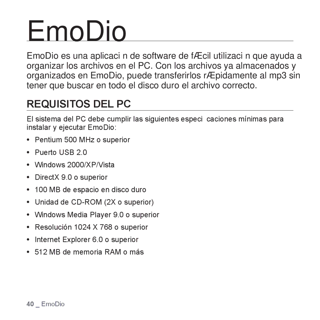 Samsung YP-P2AB/MEA manual EmoDio, Requisitos DEL PC 