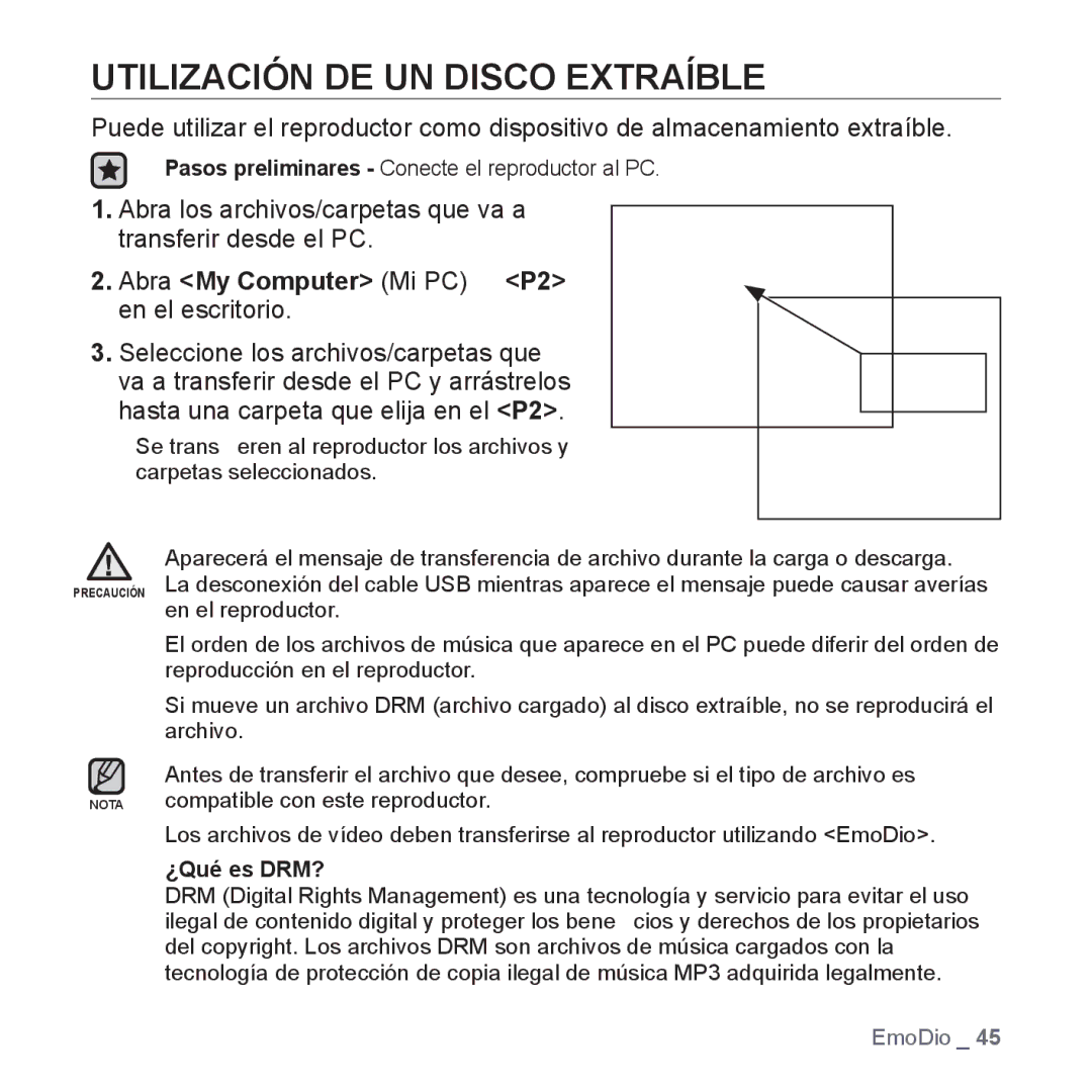 Samsung YP-P2AB/MEA manual Utilización DE UN Disco Extraíble, Abra los archivos/carpetas que va a transferir desde el PC 