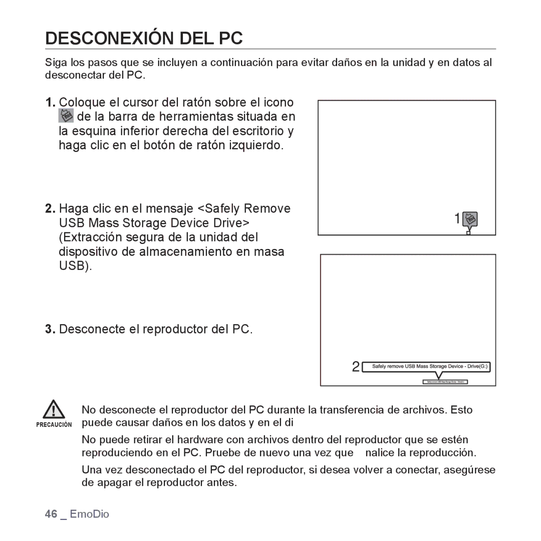 Samsung YP-P2AB/MEA manual Desconexión DEL PC 