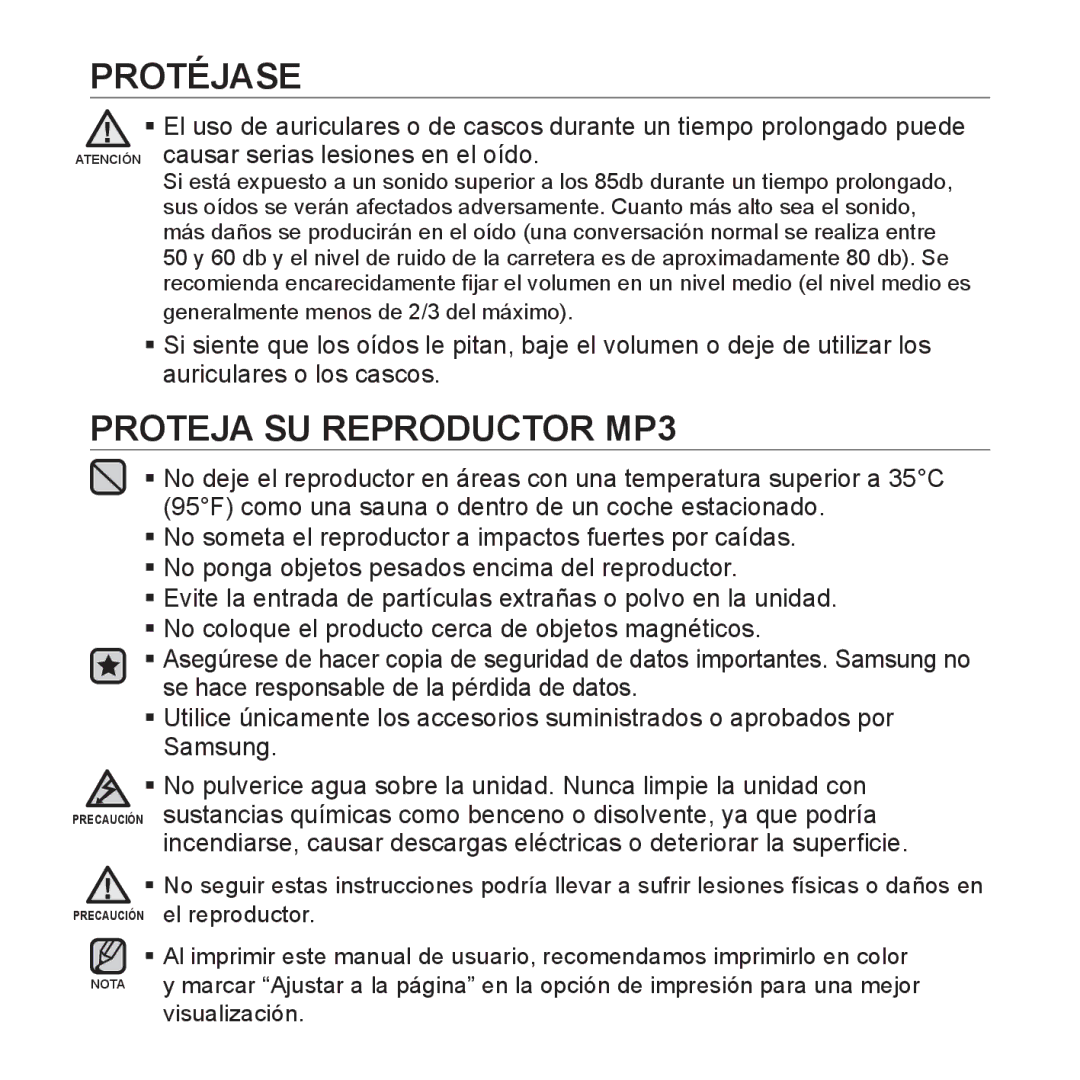 Samsung YP-P2AB/MEA manual Proteja SU Reproductor MP3 