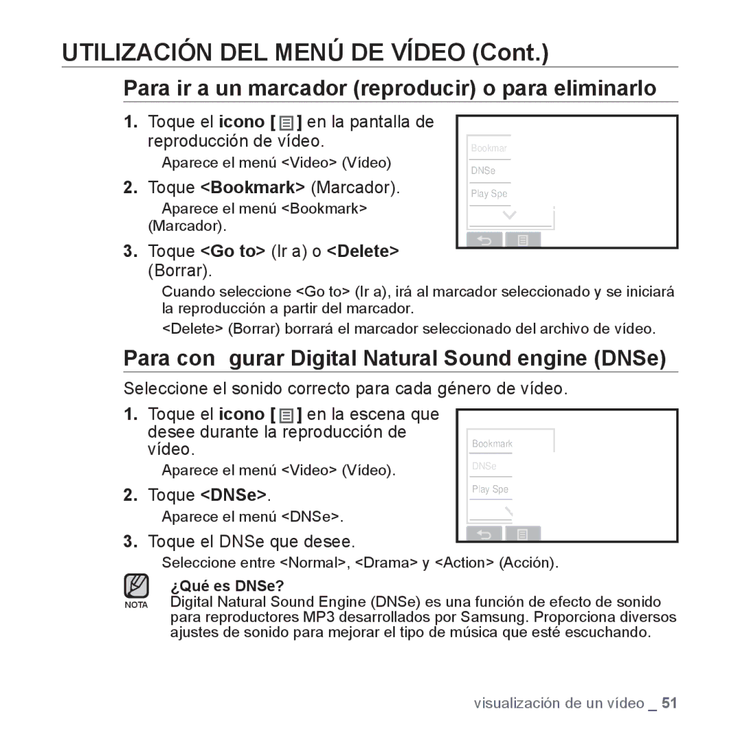 Samsung YP-P2AB/MEA manual Utilización DEL Menú DE Vídeo, Para ir a un marcador reproducir o para eliminarlo 