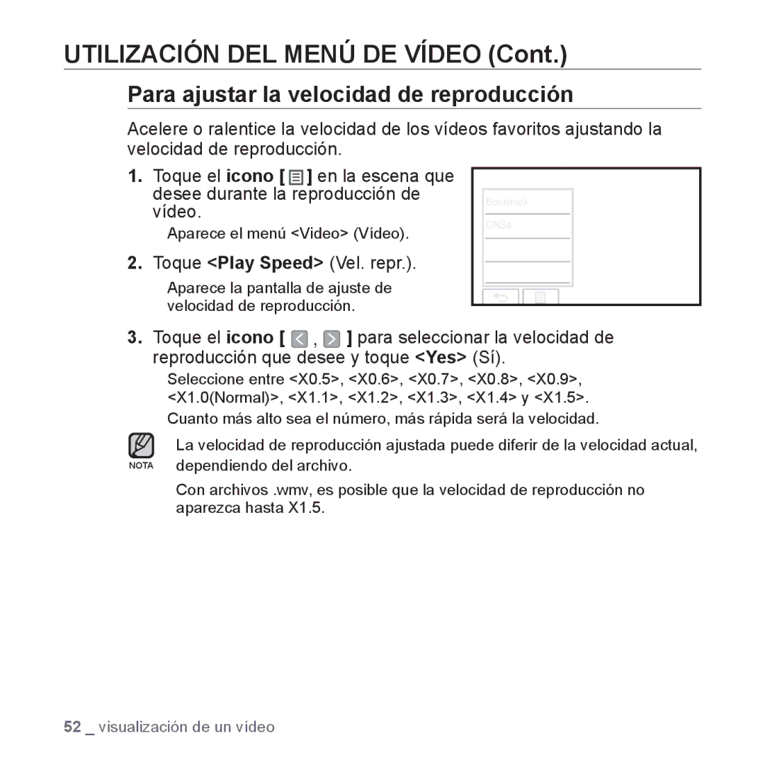 Samsung YP-P2AB/MEA manual Para ajustar la velocidad de reproducción, Toque Play Speed Vel. repr 