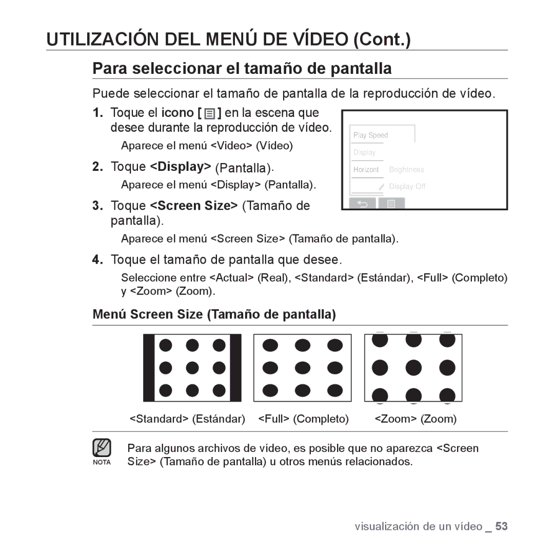 Samsung YP-P2AB/MEA Para seleccionar el tamaño de pantalla, Toque Display Pantalla, Toque Screen Size Tamaño de pantalla 