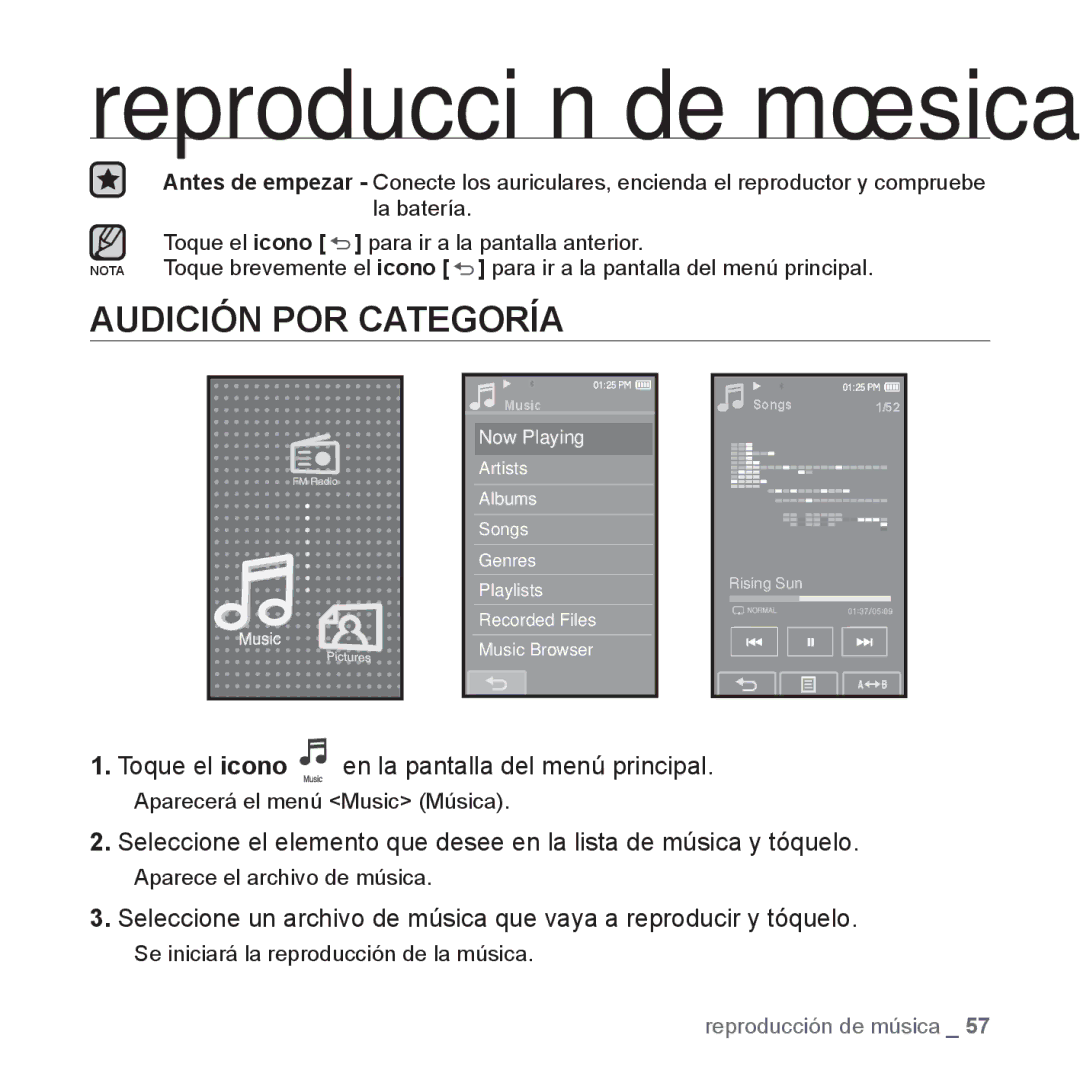 Samsung YP-P2AB/MEA manual Reproducción de música, Audición POR Categoría 