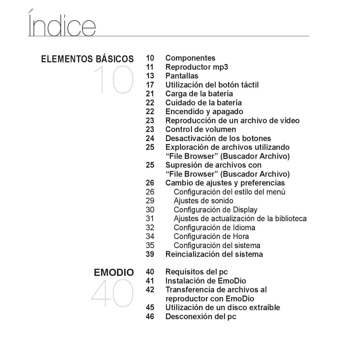 Samsung YP-P2AB/MEA manual Elementos Básicos 10 Componentes 