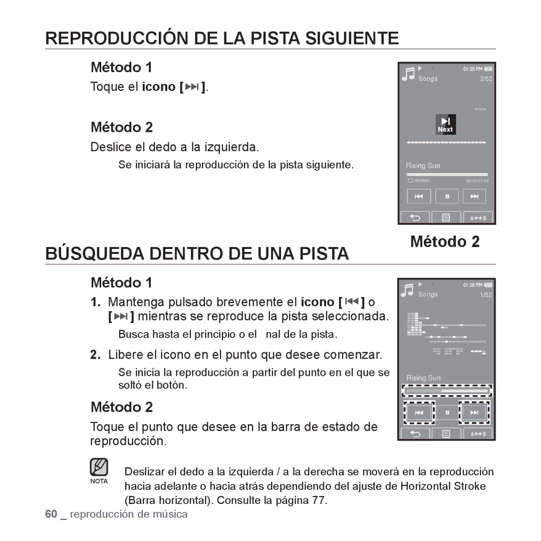 Samsung YP-P2AB/MEA manual Reproducción DE LA Pista Siguiente, Búsqueda Dentro DE UNA Pista 