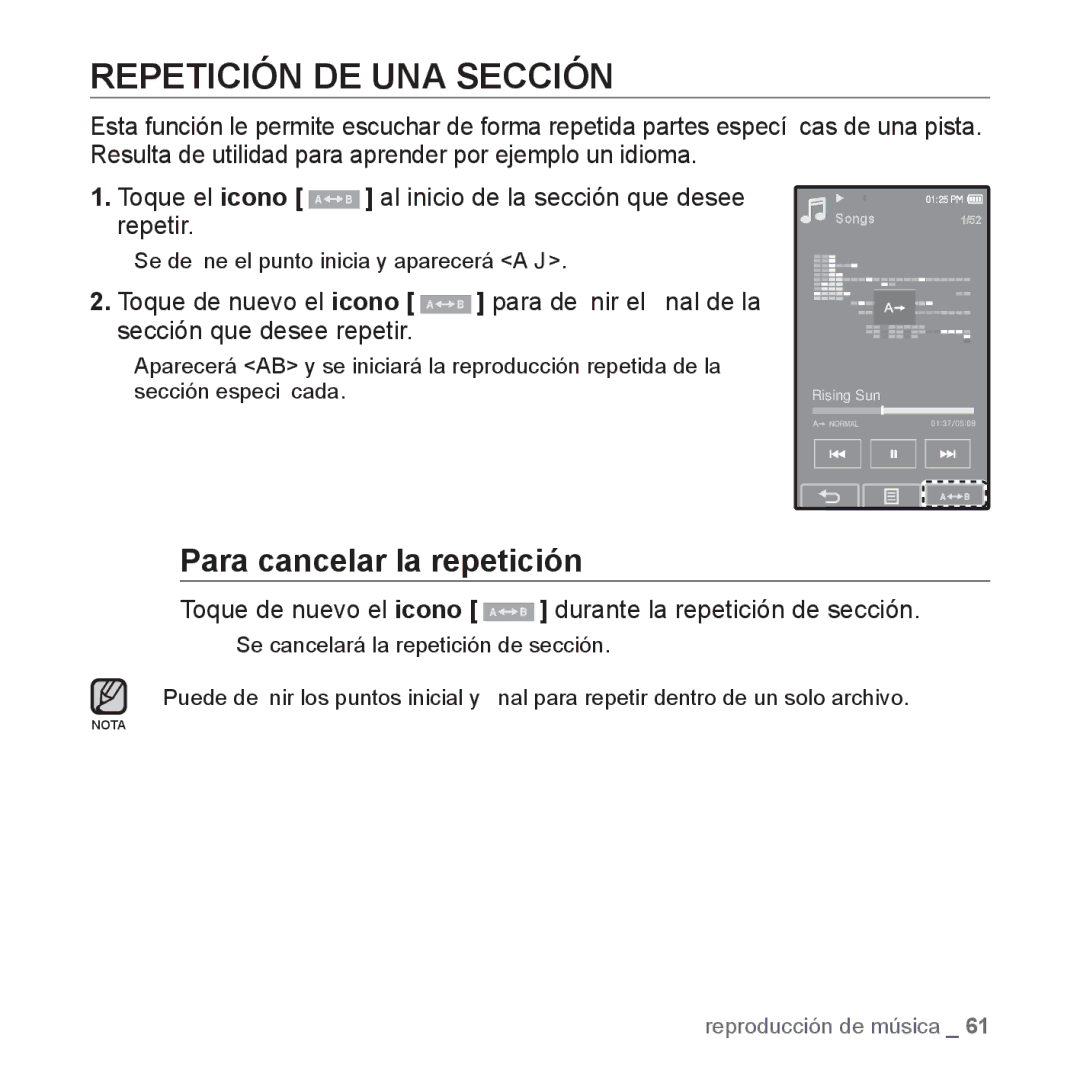 Samsung YP-P2AB/MEA manual Repetición DE UNA Sección, Para cancelar la repetición 