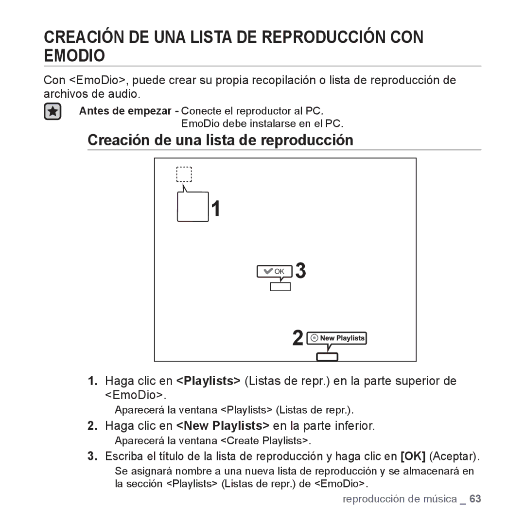 Samsung YP-P2AB/MEA manual Creación DE UNA Lista DE Reproducción CON Emodio, Creación de una lista de reproducción 