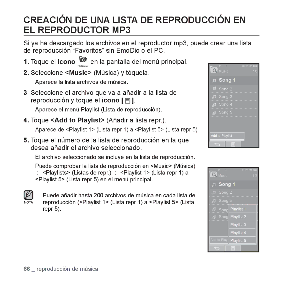 Samsung YP-P2AB/MEA Creación DE UNA Lista DE Reproducción EN EL Reproductor MP3, Toque Add to Playlist Añadir a lista repr 