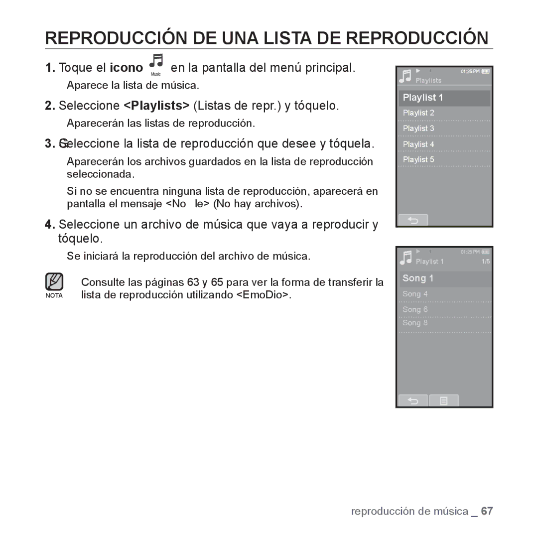 Samsung YP-P2AB/MEA manual Reproducción DE UNA Lista DE Reproducción, Seleccione Playlists Listas de repr. y tóquelo 