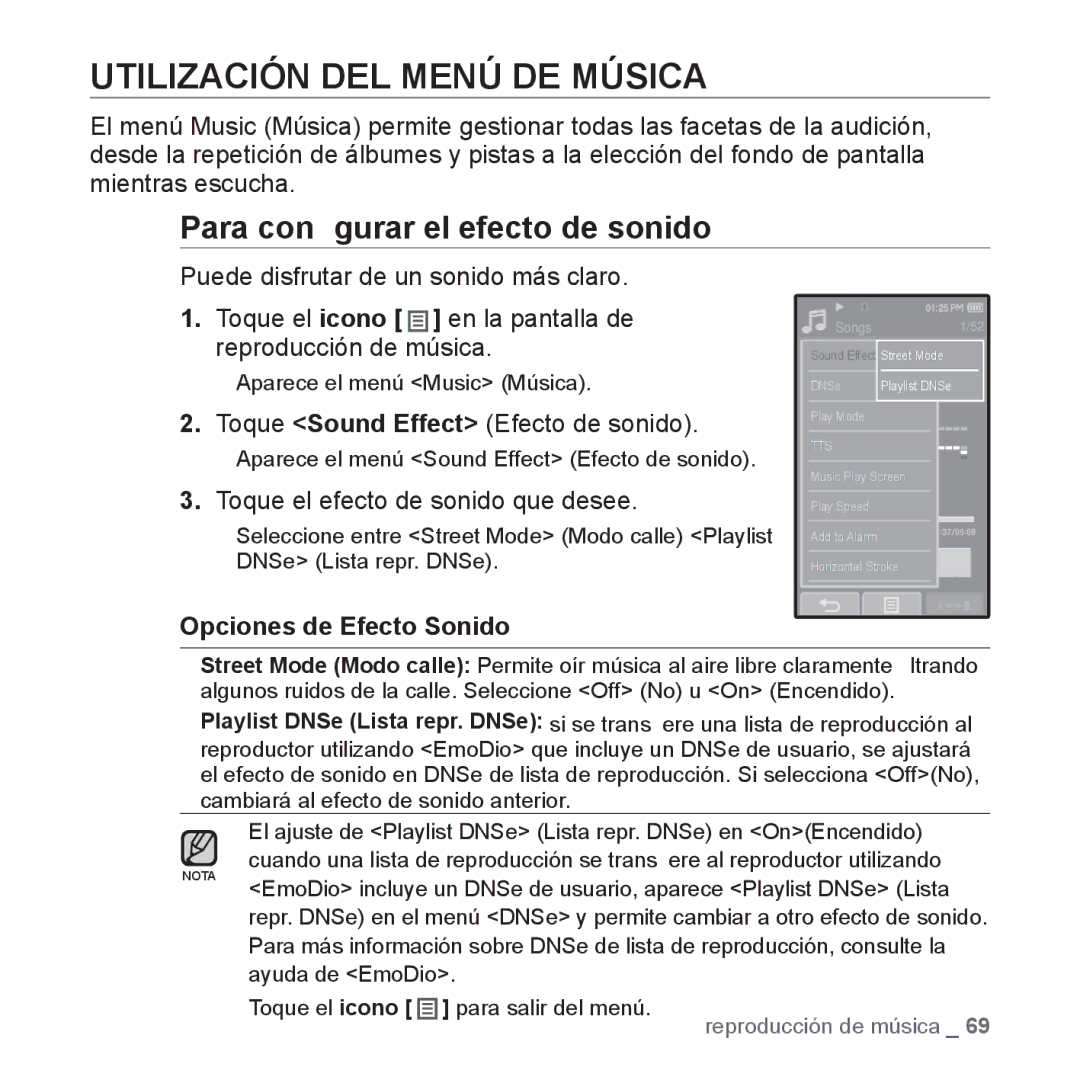 Samsung YP-P2AB/MEA manual Utilización DEL Menú DE Música, Para conﬁgurar el efecto de sonido, Opciones de Efecto Sonido 