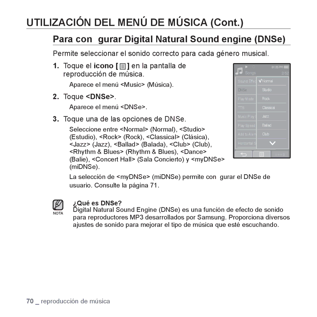 Samsung YP-P2AB/MEA manual Utilización DEL Menú DE Música, Toque una de las opciones de DNSe 